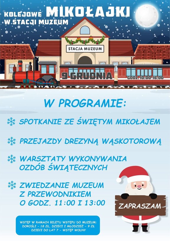 Plakat promujący kolejowe mikołajki w Stacji Muzeum