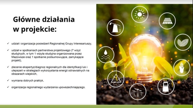 Slajd prezentacji przedstawiający główne działania w projekcie, m.ni. stworzenie Regionalnej Grupy Interesariuszy, wymiana dobrych praktyk.