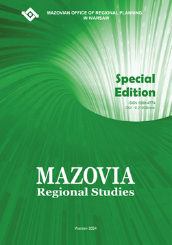 okładka czasopisma MAZOWSZE Studia Regionalne w wersji anglojęzycznej, z logo wydawcy – Mazowieckiego Biura Planowania Regionalnego w Warszawie