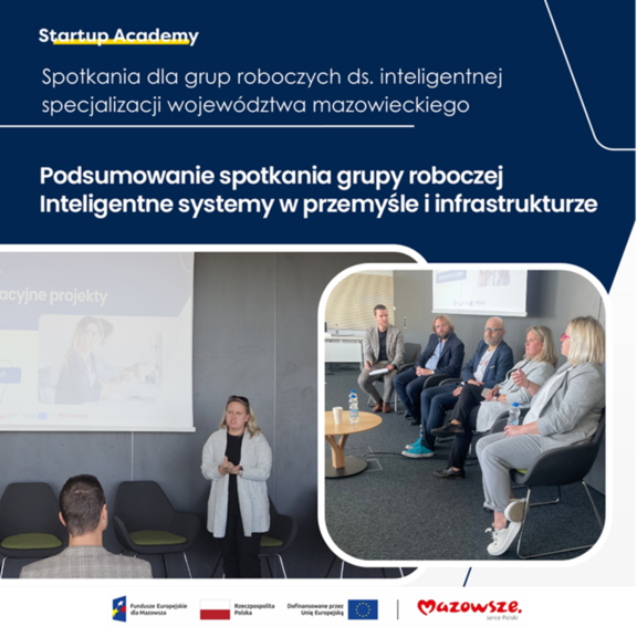 Grafika przedstawia spotkanie grupy roboczej ds. inteligentnej specjalizacji. Na zdjęciu widać moderatora oraz prelegentów uczestniczących w panelu dyskusyjnym.