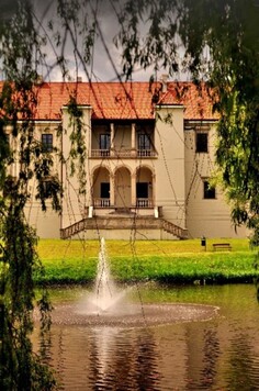 Panorama części Szydłowca, z zabytkowym budynkiem i umiejscowioną przed nim fontanną.