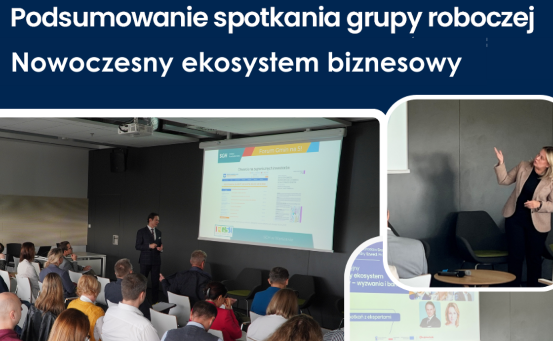 Grafika przedstawiająca podsumowanie spotkania grupy roboczej na temat 'Nowoczesny ekosystem biznesowy'. Na zdjęciach widoczni są uczestnicy konferencji oraz panel dyskusyjny z udziałem kilku osób.