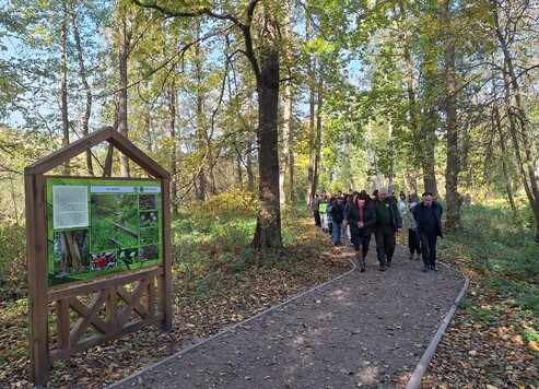 Uczestnicy spotkania idą ścieżką dydaktyczną po parku