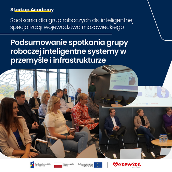 Grafika przedstawia spotkanie grupy roboczej „Inteligentne systemy w przemyśle i infrastrukturze” w ramach inicjatywy inteligentnej specjalizacji województwa mazowieckiego. Na zdjęciach widać uczestników biorących udział w prezentacji i dyskusji.