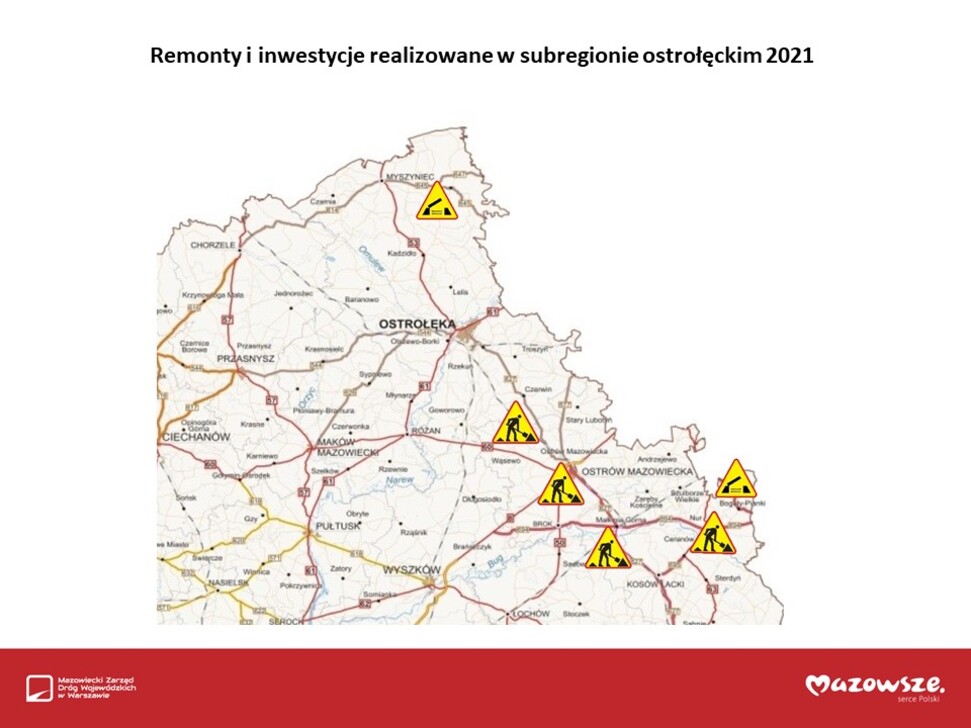 Mapka subregionu ostrołęckiego Mazowsza, z lokalizacją i oznaczeniem graficznym sześciu remontów i inwestycji realizowanych na drogach wojewódzkich w roku 2021