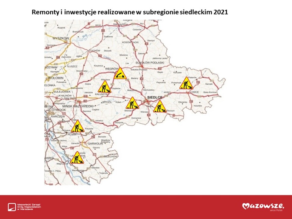 Mapka subregionu siedleckiego Mazowsza, z lokalizacją i oznaczeniem graficznym siedmiu remontów i inwestycji realizowanych na drogach wojewódzkich w roku 2021