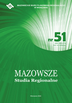 Zielona okładka czasopisma MAZOWSZE Studia Regionalne w wersji polskiej, z numerem, numerem ISSN oraz logo wydawcy – Mazowieckiego Biura Planowania Regionalnego w Warszawie.