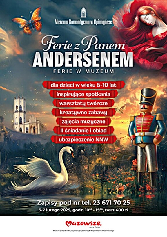 Plakat zapraszający na ferie w Muzeum Romantyzmu w Opinogórze