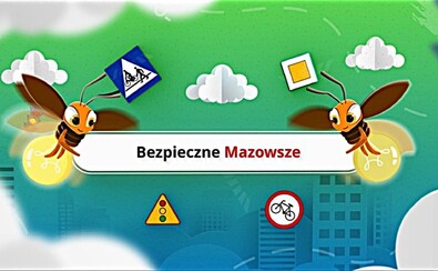 Kadr ze spotu reklamowego przedstawiający napis "Bezpieczne Mazowsze", dwa świetliki oraz cztery znaki drogowe.