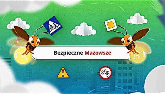 Kadr ze spotu reklamowego przedstawiający napis "Bezpieczne Mazowsze", dwa świetliki oraz cztery znaki drogowe.