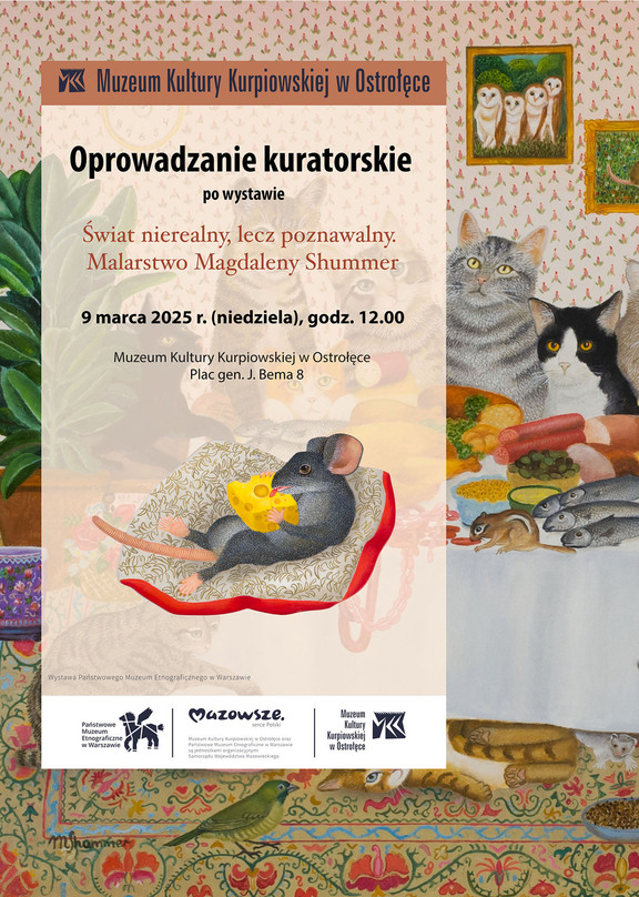 Plakat promujący wydarzenie przedstawiający tytuł i datę spotkania. W tle fragmenty obrazu Magdaleny Shummer: dwa koty siedzące przy suto zastawionym stole.