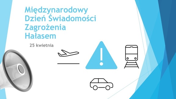 Infografika dotycząca Międzynarodowego Dnia Świadomości Zagrożenia Hałasem: jego nazwa, data obchodzenia (25 kwietnia) oraz kontury samochodu, pociągu i samolotu.