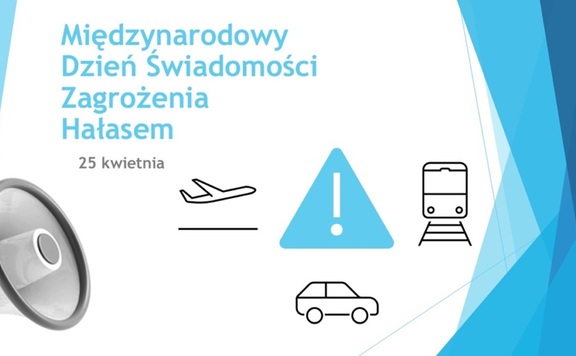 Infografika dotycząca Międzynarodowego Dnia Świadomości Zagrożenia Hałasem: jego nazwa, data obchodzenia (25 kwietnia) oraz kontury samochodu, pociągu i samolotu.