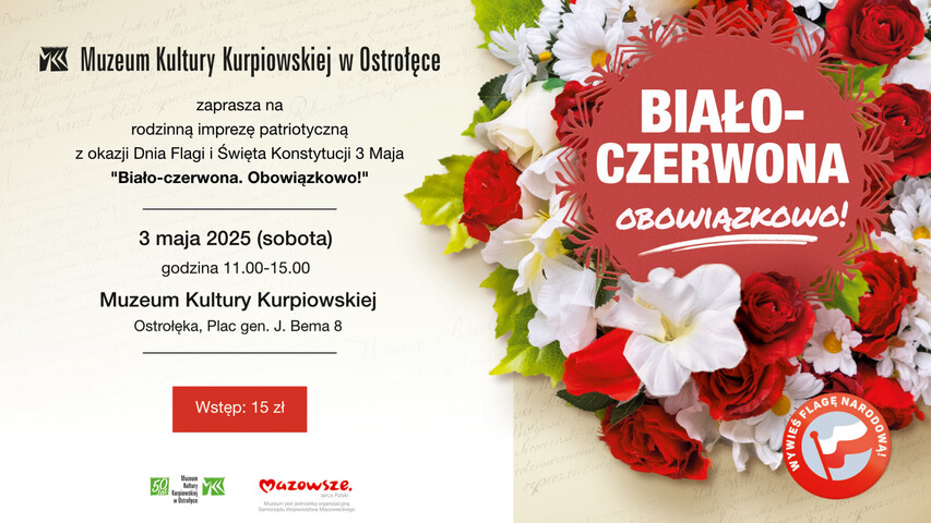 Plakat promujący wydarzenie: nazwa oraz termin spotkania, a wszystko ozdobione kwiatami w barwach narodowych.