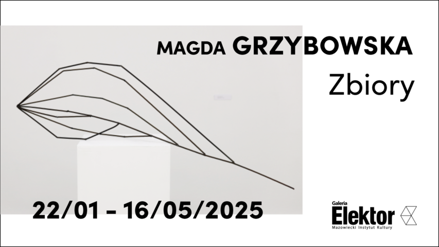 Plakat promujący wydarzenie: nazwa wystawy oraz imię, nazwisko i fotografia pracy artystki (abstrakcyjna forma wykonana z metalowych prętów, przypominająca liść, stojąca na postumencie).
