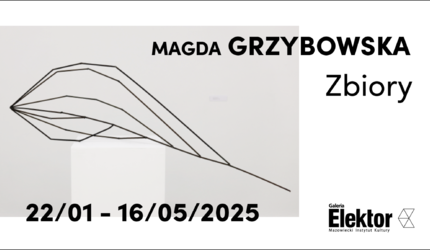 Plakat promujący wydarzenie: nazwa wystawy oraz imię, nazwisko i fotografia pracy artystki (abstrakcyjna forma wykonana z metalowych prętów, przypominająca liść, stojąca na postumencie).