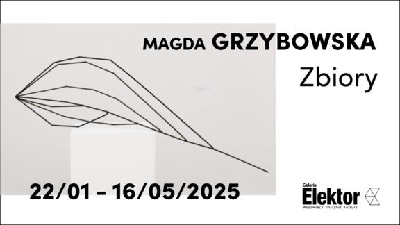 Plakat promujący wydarzenie: nazwa wystawy oraz imię, nazwisko i fotografia pracy artystki (abstrakcyjna forma wykonana z metalowych prętów, przypominająca liść, stojąca na postumencie).