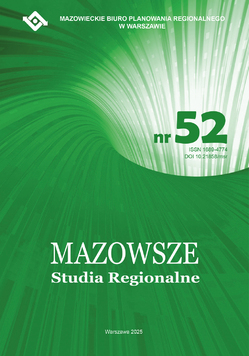 Zielona okładka czasopisma MAZOWSZE Studia Regionalne w wersji polskiej, z numerem, numerem ISSN oraz logo wydawcy – Mazowieckiego Biura Planowania Regionalnego w Warszawie.