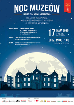Plakat promujący wydarzenie: na tle ciemnego nieba widoczny zarys głównej siedziby muzeum, za którym świeci wielki księżyc. Dodatkowo: nazwa i termin imprezy.