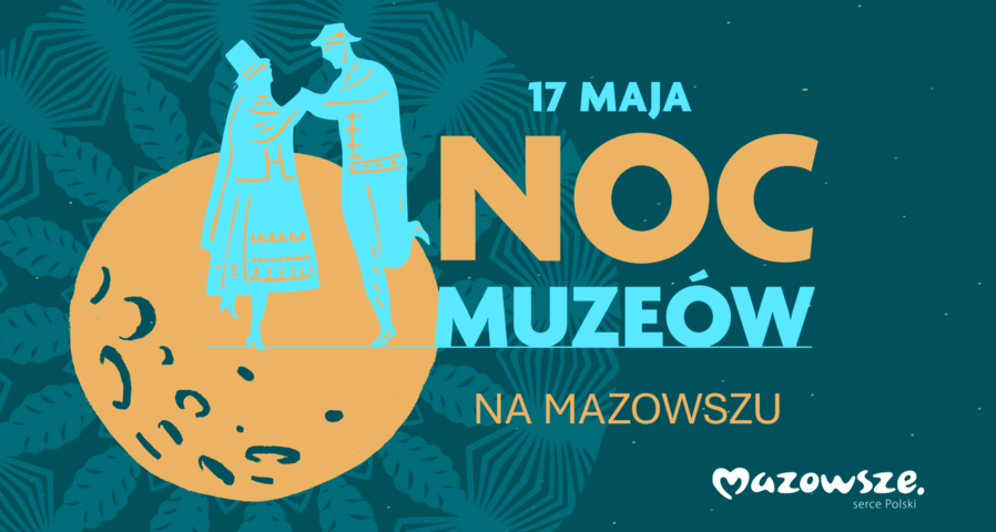 Plakat promujący wydarzenie: księżyc na ciemnym tle, na którym tańczy para w strojach regionalnych. Dodatkowo: data i termin imprezy.