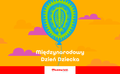 Plakat promujący święto: na tle nieba z niewielkimi chmurkami leci balonik powstały z regionalnej wycinanki.