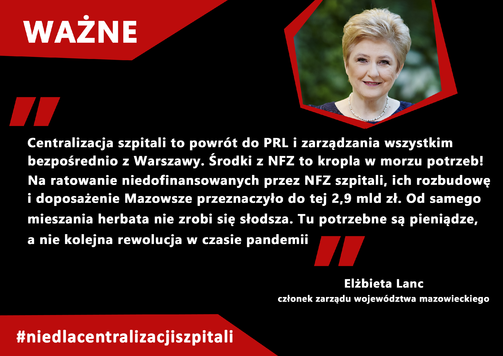 zdjęcie członek zarządu Elżbiety Lanc i krótka informacja o kwocie dofinansowania szpitali przez samorząd Mazowsza